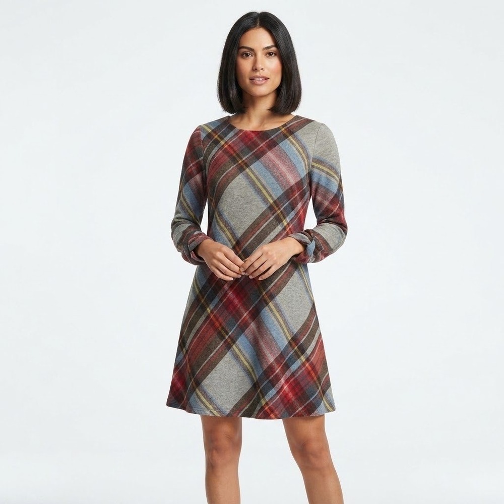 R&K Womens Red Blue Plaid‎ Long Sleeve Knit Shift Dress Size 6 Round Neck